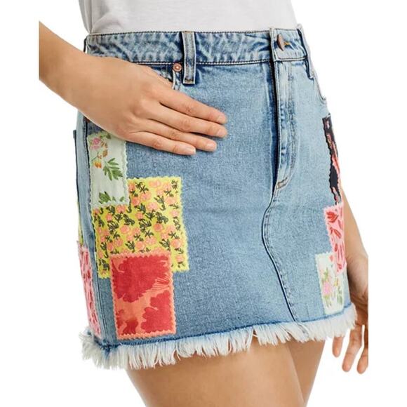Alice + Olivia Route 66 Denim Patchwork Mini Skirt - Size 26 - Picture 1 of 8
